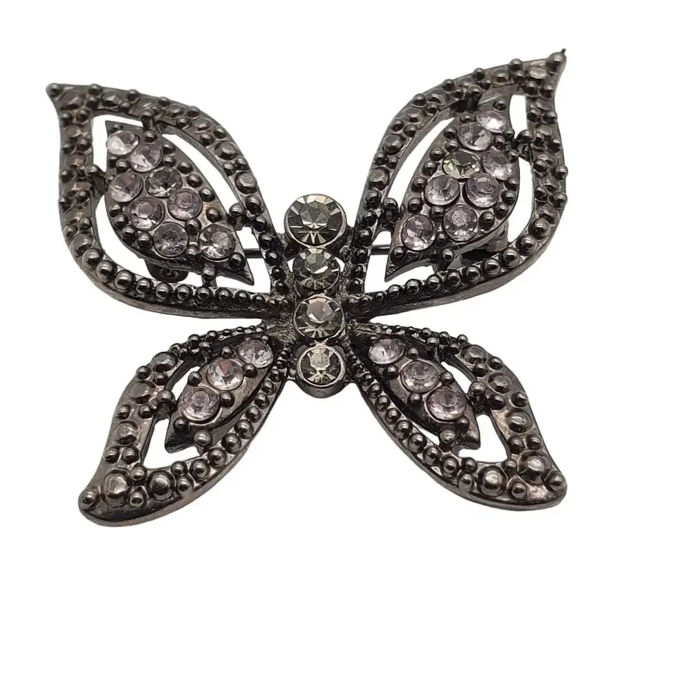Dark Rhinestone Butterfly Brooch Pink Green Crystal Insect Vintage‎ Pin Gunmetal